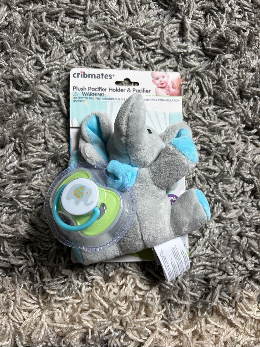 Gray & Blue Elephant Plush Pacifier Holder with Pacifier